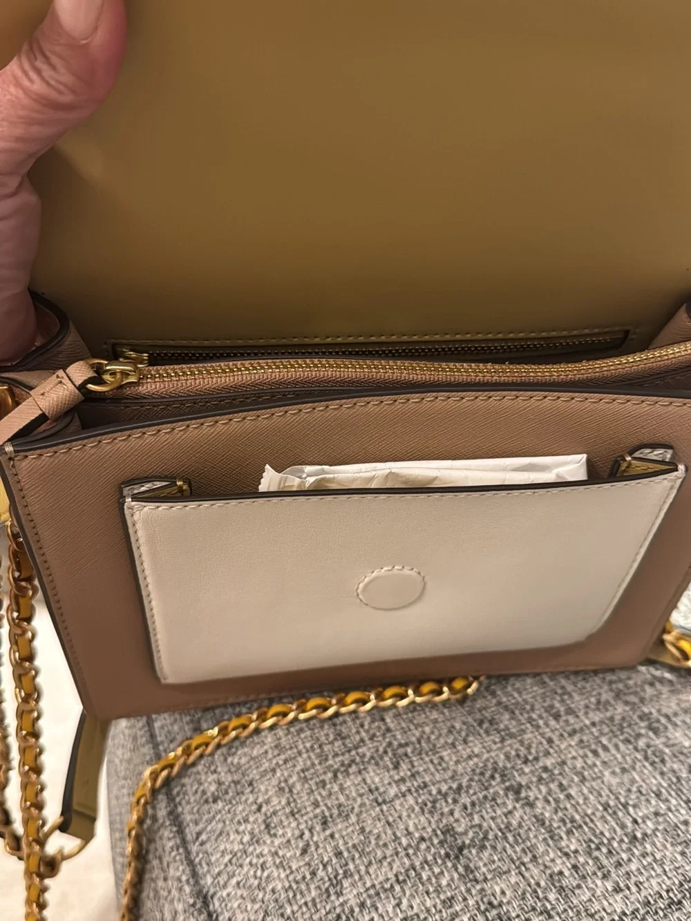 Tory Burch Colorblock Leather Shoulder Bag in Mustard, Beige and Taupe